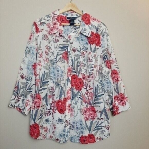 KAREN SCOTT Floral Swiss Dot Button Down Shirt Sz 2X - Picture 2 of 7